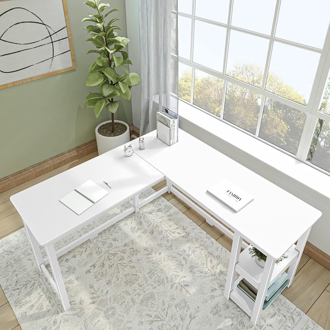 Plank+Beam Classic Desk, L-Shape, 55 Inch, with Shelves, White | Wooden Corner Desk with Shelves, Non-Toxic Finishes, Large Desk Space, Engineered Wood, Matching Style, Solid Wood