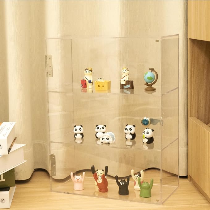 3 Shelf Locking Display Case with Key, Acrylic Countertop Cabinet | Clear dustproof lockable showcase, vitrinas para colecciones, small case for figurine, jewelry, bobblehead, perfume, knife