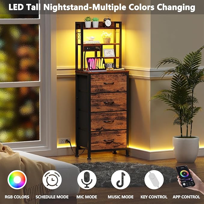 Night Stand Set 2, LED Nightstand with Charging Station | 4 Fabric Drawers and 4 Tier Storage Shelf, Bedside End Table for Bedroom, Dorm, Office, Rustic Brown