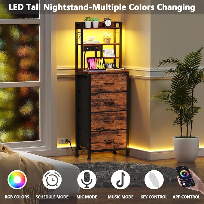 Night Stand, 52.1" Tall Bedside Table for Bedroom | RGB LED Lights & USB Ports & type-C, App + Key Control, 4 Fabric Drawers and 4-Tier Shelves for Bedroom, Dorm Storage