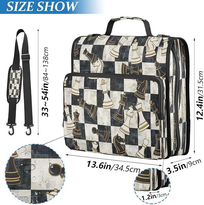 ALAZA Zipper Binder 3 Ring Chess Pieces Black White Checkerboard Binder Organizer with Zipper and Shoulder Strap Large Capacity Multi-Pocket Trapper Keeper File Folder for Office Supplies