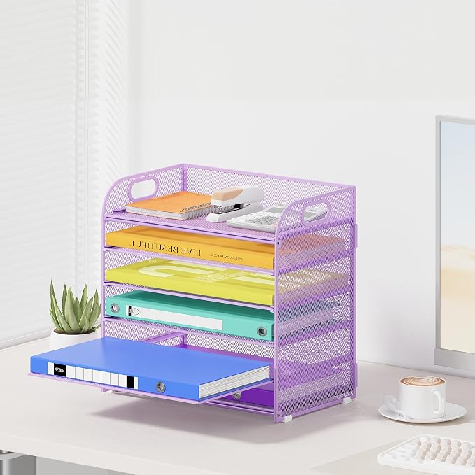 Cawukege 6 Tier Paper Organizer with Handle, Metal Desk Organizer Mesh Paper Letter Tray Desktop File Folder Document Sorter for Classroom, School, Office Accessories Storage (1, 6 Tier - Purple)