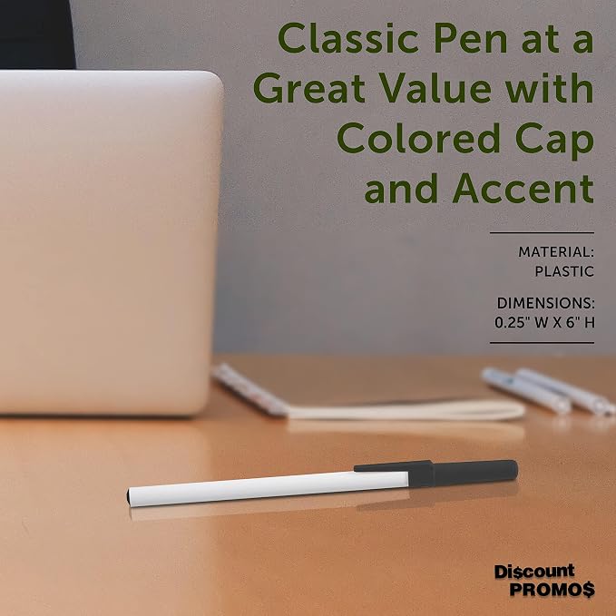 DISCOUNT PROMOS Value Stick Pens Set of 10, Bulk Pack - Blue Ink, Great for Office, School, Business, Tradeshows, Events - Black Cap
