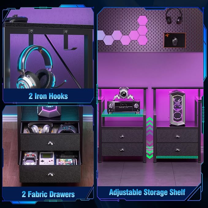 Korfile 66'' L Shaped Gaming Desk with Drawers and Storage Shelves, Reversible Corner Desk with Power Outlets and Host Stand, Large Computer Desk with Led Lights for Gaming, Work, Home Office, Black | Large Black Computer Desk with Host Stand, Reversib...