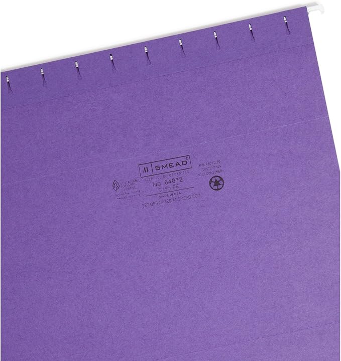 Smead Colored Hanging File Folder with Tab, 1/5-Cut Adjustable Tab, Letter Size, Purple, 25 per Box (64072) (Pack of 1)