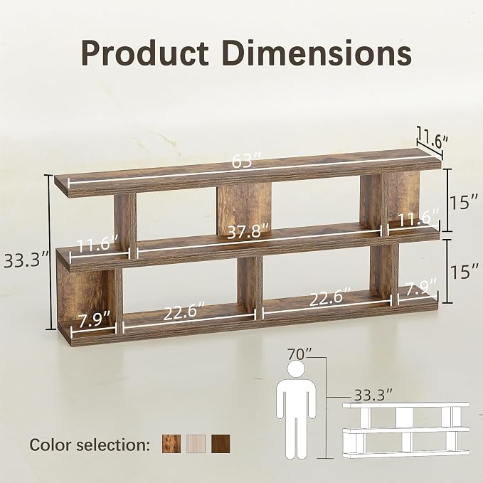 TIQLAB 63 Inch Bookshelf, Open Bookcase with Storage Shelves, Rustic Brown | horizontal book shelf low book case, for bedroom office study room, display rack shelving unit, console table behind couch