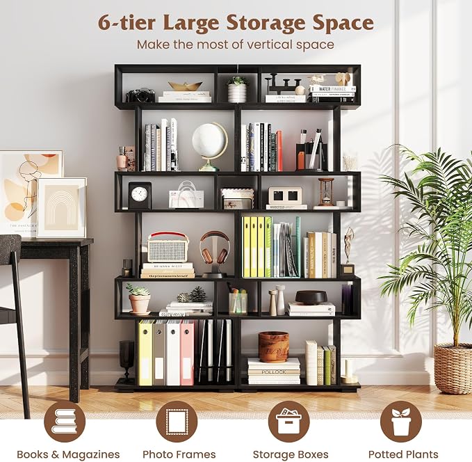 Tangkula 6-Tier S-Shaped Bookshelf, 64" Freestanding Geometric Bookcase, Home Office Wood Storage Shelf with Anti-Toppling Device, Room Divider Display Rack for Study, Living Room (2, Black)