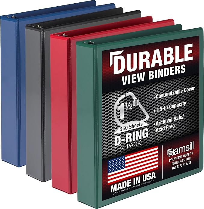 Samsill Durable 1.5 inch 3 Ring Binder, D Ring Binder, 100% Recycled Chipboard, Basis Assortment, 4 Pack