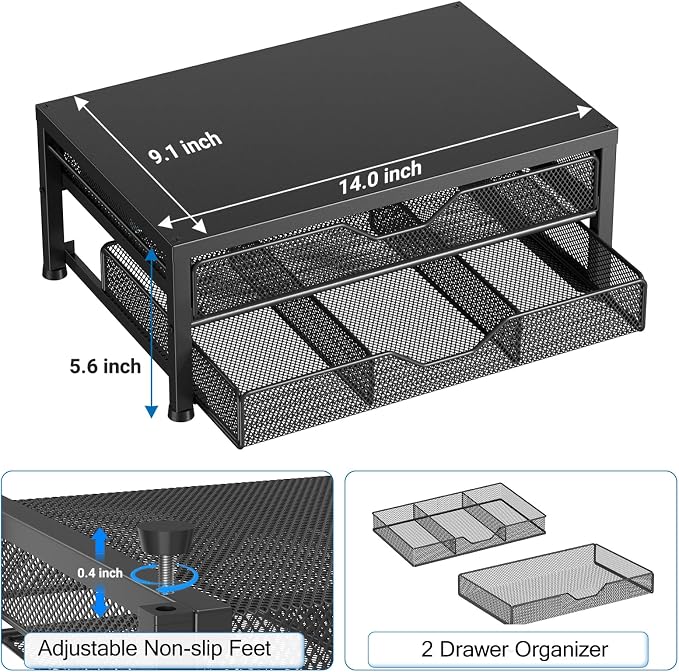 Desk Organizer and Accessories, 2-Tier Computer Monitor Stand Riser with 2 Drawer and 2 Pen Holders, Laptop Stand, Office Desk Accessories for Office Supplies, Black