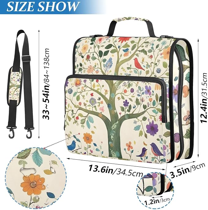 3 Ring Zipper Binder with Shoulder Strap Tree Life Birds Floral 1.5 inch Binders Keeper Large Capacity Multi Pockets for School Office Supplies
