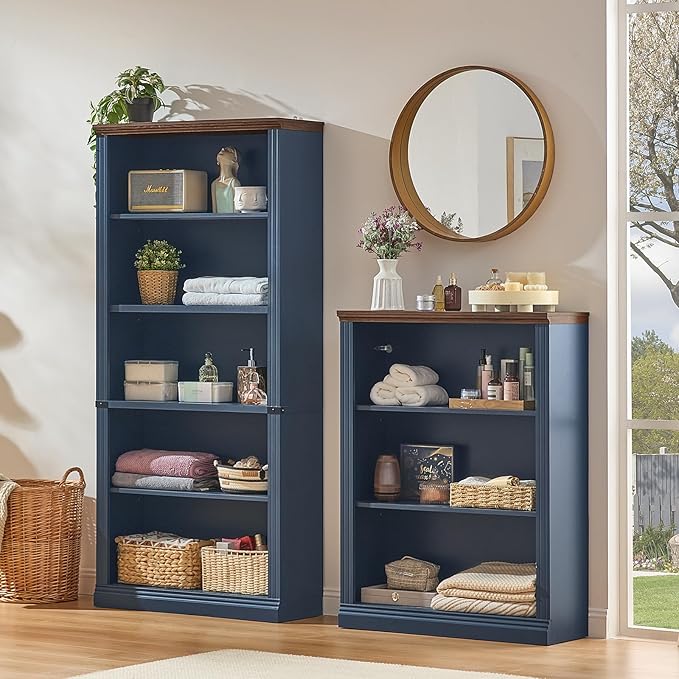 RWYHG 70" Blue Tall Bookshelf,5-Tier Thick Wooden Book Shelf with Adjustable Shelves,Free Standing Farmhouse Bookcase with Open Display Storage,Floor Vintage Bookshelves for Living Room,Office
