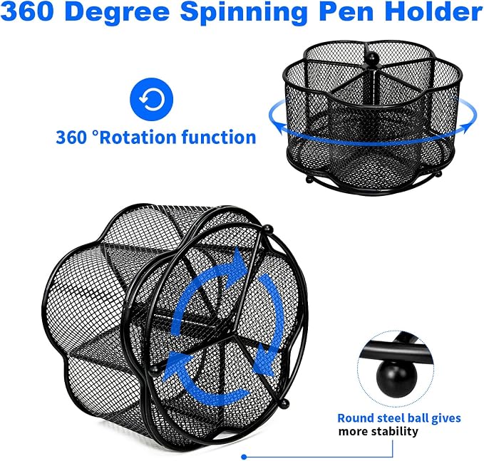 Pen Holder for Desk,360 Degree Rotating Pencil Holder Organizer | 5 Compartments,Large Capacity Pencil Holder for Desk,Metal Rust Prevention,Workspace Pen Organizers for Home(Black, No hook)