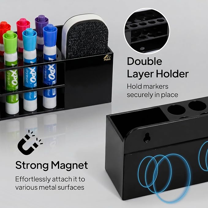 Strong magnetic dry-erase whiteboard holder, 8-slot acrylic pen organizer with glass and wall mounting hardware for refrigerator, office, and classroom. Markers, Eraser, Cleaner Not Included (Black)