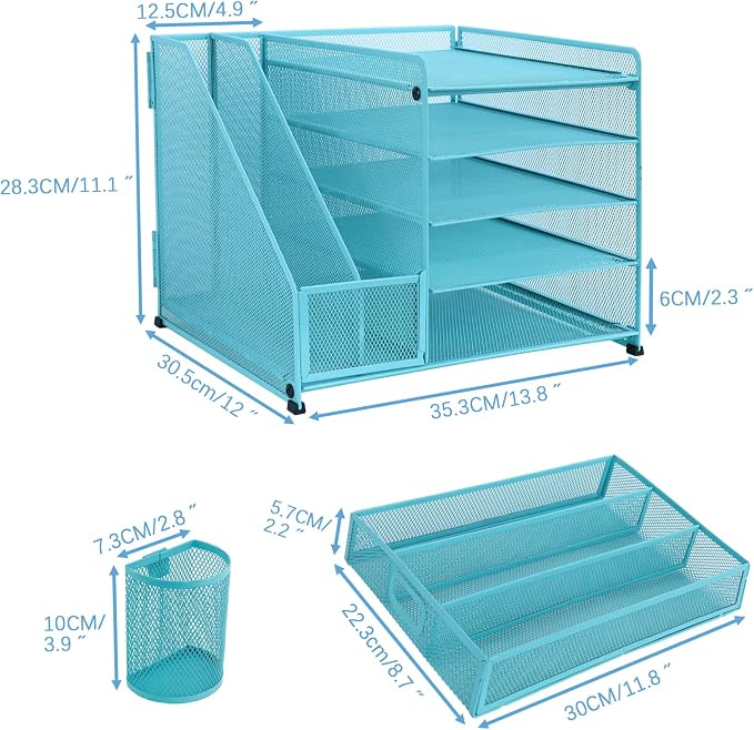 Desk Organiser with 2 Pack Magazine File Holder, 5-Tier Paper Tray Organiser with Drawer and 2 Pen Holder, Letter Tray Multifunctional for Office, School, Home - Blue