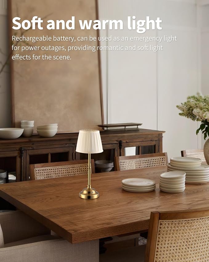 KDG Gold Cordless Portable LED Table Lamp, Beige Fabric Shade Desk Lamp | 4000mAh Rechargeable Battery Powered Lighting, Dimmable Light for Dining Room, Bedroom, Bedside, Night Light, Balcony