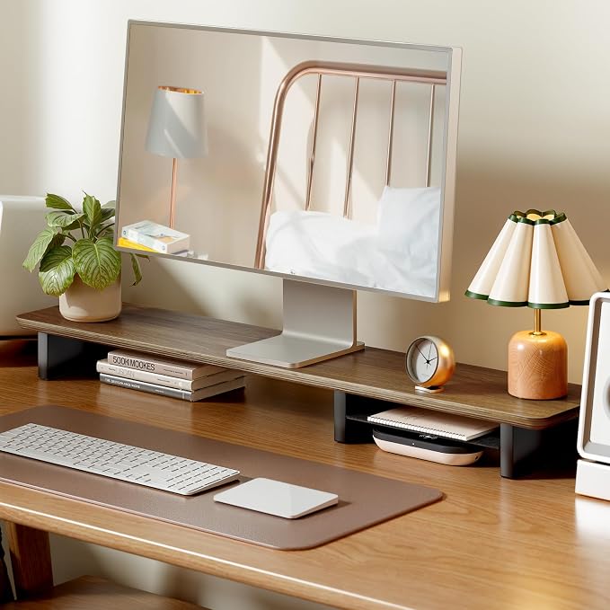 46" Dual Monitor Riser, Metal Shelf Wooden Desk Organizer | Walnut Wooden Desk Shelf for 2 Monitors/TV,Monitor Stand Riser for Desk, Wood Monitor Stand Organizer for Home Office
