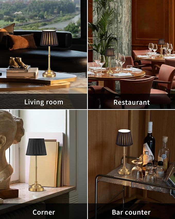 KDG Gold Cordless LED Table Lamps Set of 2, Black Fabric Shade Desk Lamps | Portable 4000mAh Rechargeable Battery Powered, Dimmable Lighting for Dining Room, Bedroom, Bedside, Night Light, Balcony