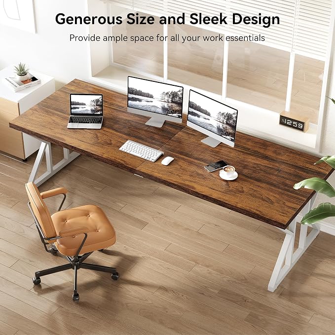 LITTLE TREE 78.7 Inch Large Executive Desk, Modern Computer Office Desk, Wooden Writing Desk Study Table for Home Office, Rustic Brown-White