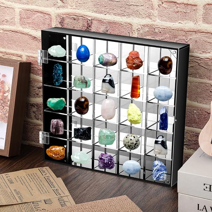 Cinnvoice Rock Display Case 25 Grids,Black Border, Square | Adjustable Acrylic Display Case, Crystal Organizer for Collectible, with Built-in Mirrored, Magnetic Door, Wall Mount