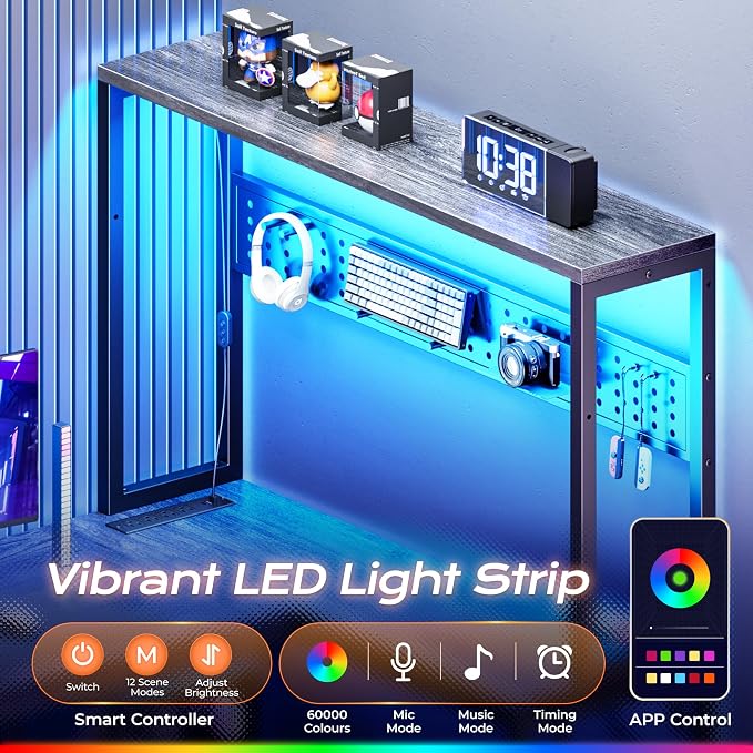 L Shaped Gaming Desk with LED Lights & Power Outlets | Reversible Computer Desk with Storage Shelves & Bag, Large Corner Home Office Desk with Pegboard for Work from Home, Grey