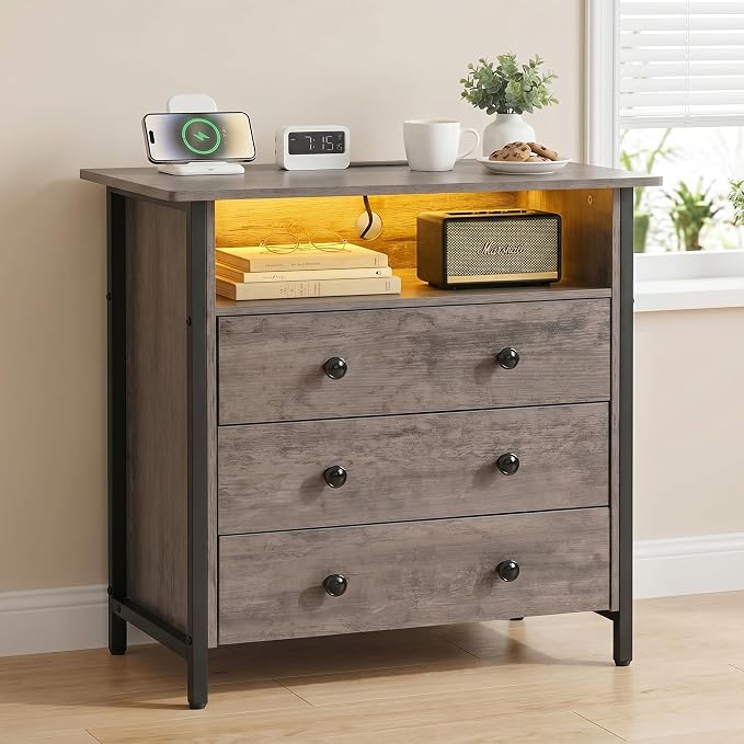 27 Inch LED Nightstand with Charging Station & 3 Drawers, Gray | RGB App Control, 2 AC Outlets & 2 USB Ports, Open Storage, Adjustable Feet, Wood Tall Nightstand for Bedroom or Office