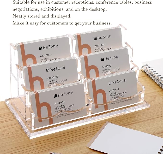 HeZone Business Cards Holder Display for Desk, Clear Acrylic Multiple 3 Tier 6 Slot Business Card Stand, Holds 300 Cards-1 Pack (6 Slots-H)