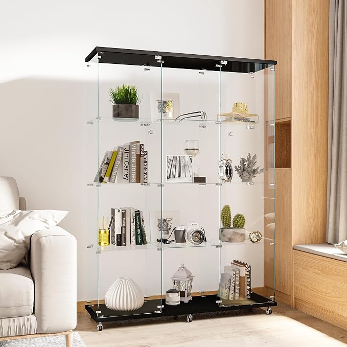 FLYMUHJIA Curio Cabinets with Glass Doors Modern Glass Shelves Tempered Glass Display Cabinet with Lock Figure Display Case (4-Shelf 3-Door, Black)