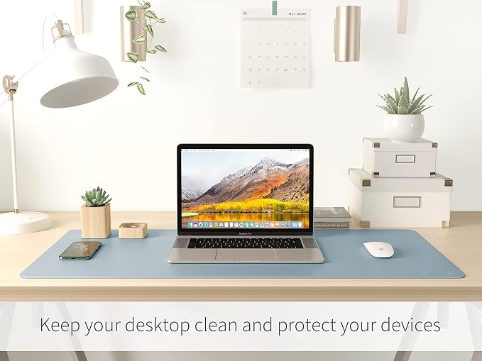RENMTURE Dual-Sided Mouse Pad, Natural Cork & PU Leather Large Desk Pad for Office and Home Work, Desk Protector Non-Slip, Waterproof, Easy Clean (Blue Gray, 36"x17")