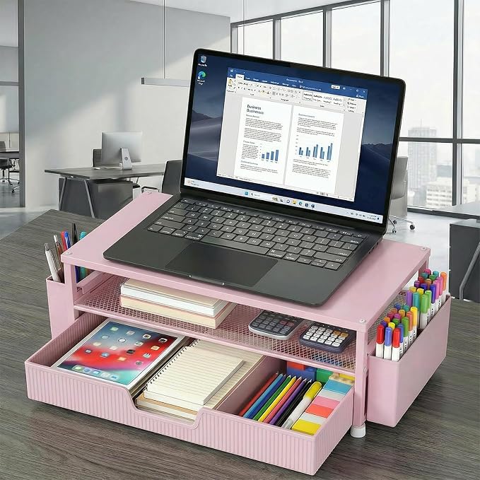 ECOLOVI Desk Organizer and Accessories, 2-Tier Computer Monitor Stand Rise with Storage Drawer & 2 Pen Holders, Laptop & Printer Stand for Desktop, Workspace Organizers for Office Supplies (Pink)