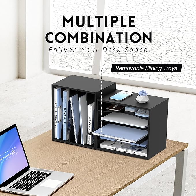 5 Tier Wood Desk Organizer, Mail Sorter and Paper Organizer for Desk, Black | Wooden Desktop Organizer for Sorting Papers, Letters and Mails, Literature Organizer for Home Office, Classroom Organization