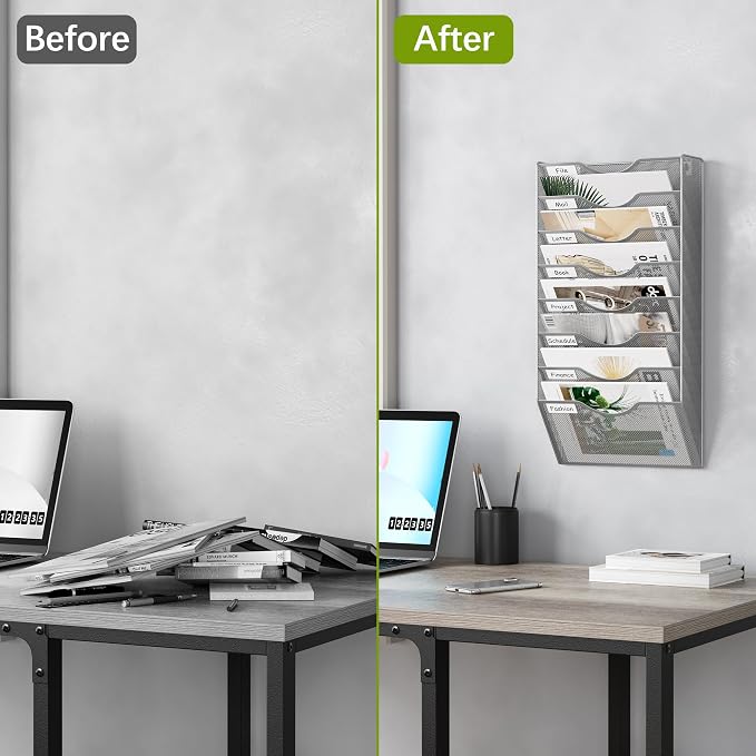 EasyPAG 8 Pocket Mesh Wall File Organizer, Hanging Paper Folder Holder with Classify Label, Vertical Wall Mount Mail Organizer for Office Home Classroom, Silver