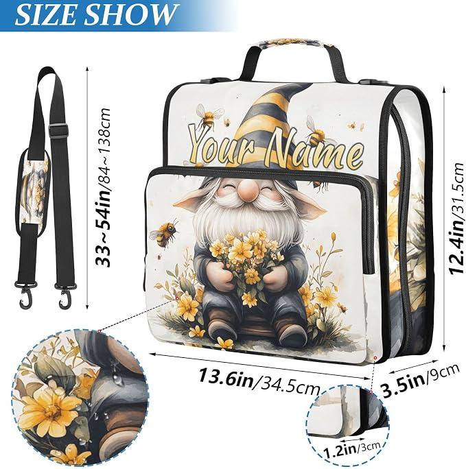 Custom 3 Ring Zipper Binder Bee Gnome Yellow Flower Personalized Name 2 Inch Zippered Binder Bag Multi Pockets for School Supplies