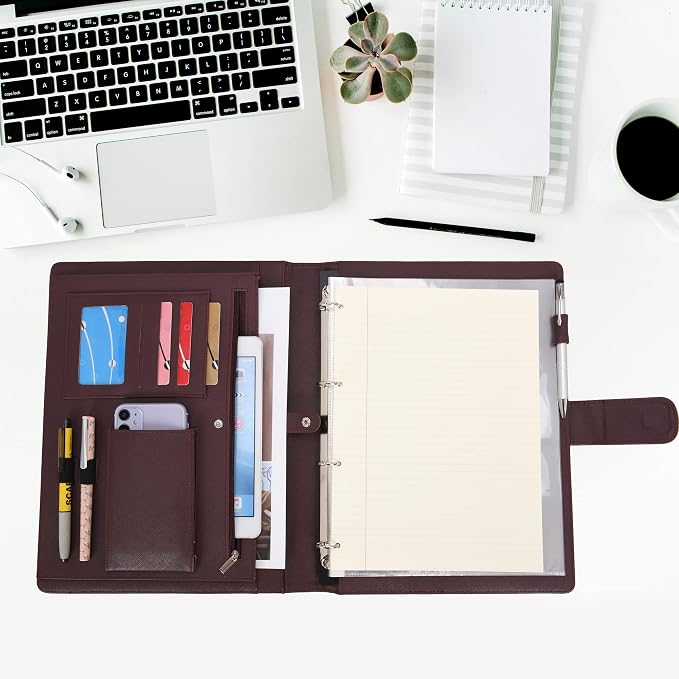 Wonderpool A4 PU Leather 3 & 4 Ring Holder Writing Portfolio Multi Document Case with Removable Binder Clipboard and Functional Pocket for Organizer Office Travel School (Coffee)