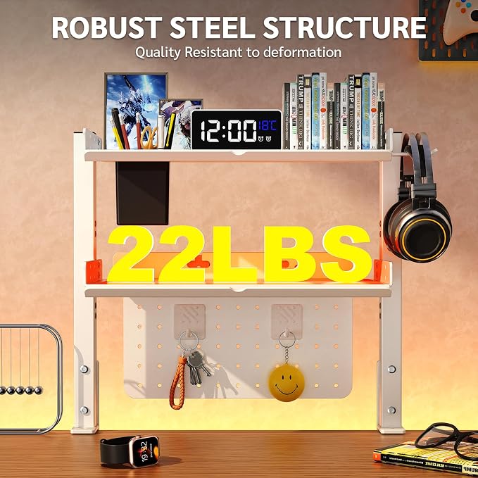 Metal Clamp On Desk Shelf,Storage Shelves with Pegboard and Pencil Holder | 2-Tier Adjustable 16 inch Above or Under Heavy Duty Desktop Organizer with Headphone Holder for Desk Accessories (White)
