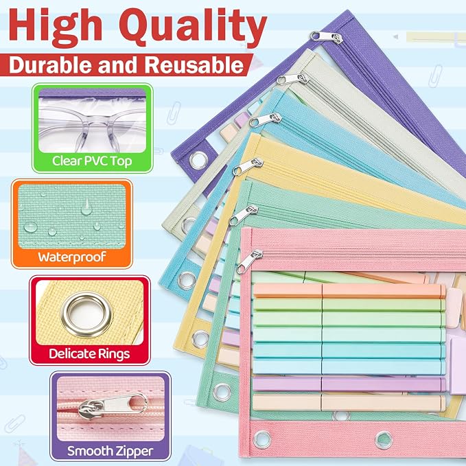 6 Pack Pencil Pouch for 3 Ring Binder, Featuring Colored Zippers & Transparent Windows, Multicolors Fabric Pencil Case Pouch Durable Zipper Pencil Bags in Bulk for Office School Supplies (6 Colors)