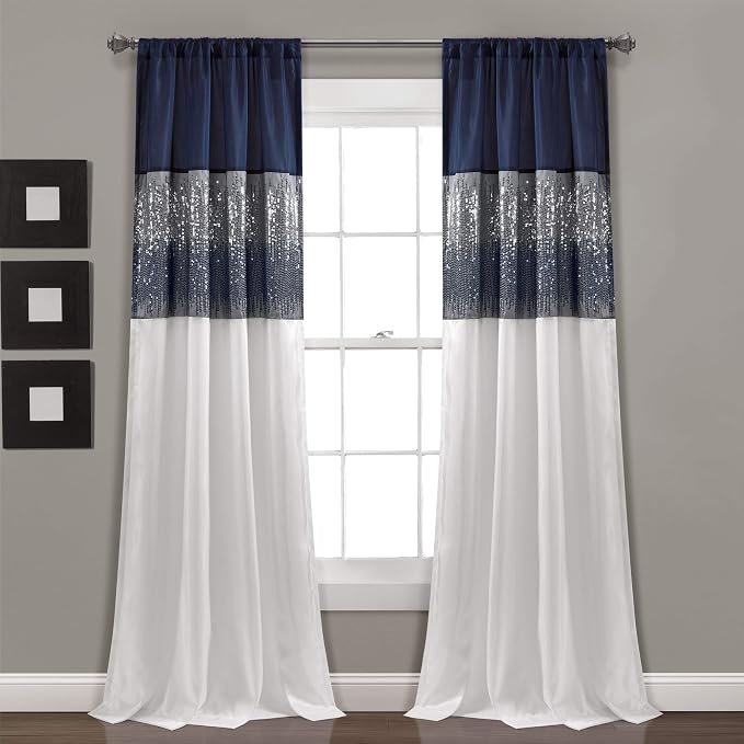 Lush Decor Night Sky Window Curtain Panel, Single,42" W x 108" L, Navy & White - Sequin Curtains - Sparkle & Color Block Design - Modern Glam Decor - Extra Long Curtains For Bedroom & Living Room