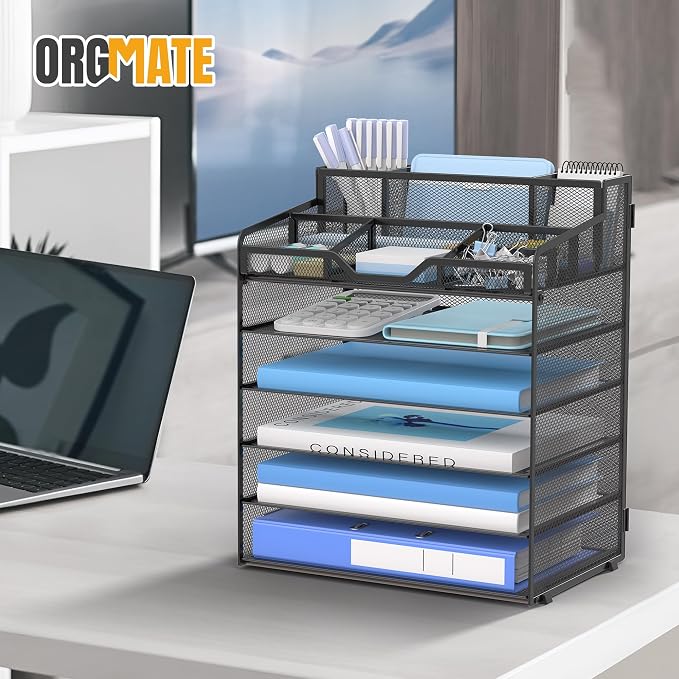 6 Tier Mesh Paper Desk Organizer with Pen Holders, Black | Features 3 pen holders, and 5 adjustable compartments for office school home desk storage