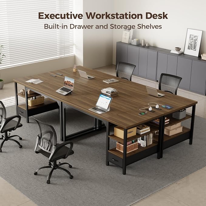 54" Computer Desk with Drawer, 1.2" Thick Reversible Office Desk | Modern Writing Table with Power Outlets & Storage Shelves, Heavy Duty Industrial Executive Desk for Home Bedroom Study Work