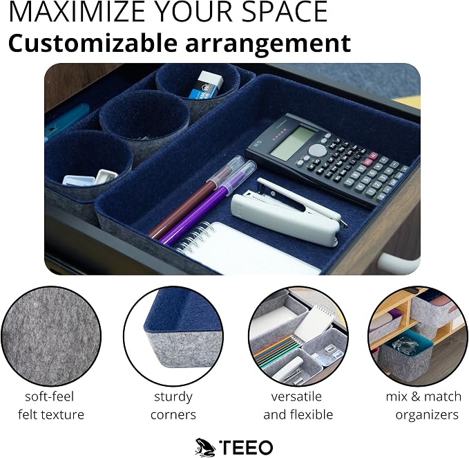 Teeo - Organizer for Drawers - Desk Drawer Organizers and Storage - Make Up Draw Organizers - Kitchen Drawer Organization - Home Office Cosmetic Bins Dividers Box Compartment - Pack of 7, Navy
