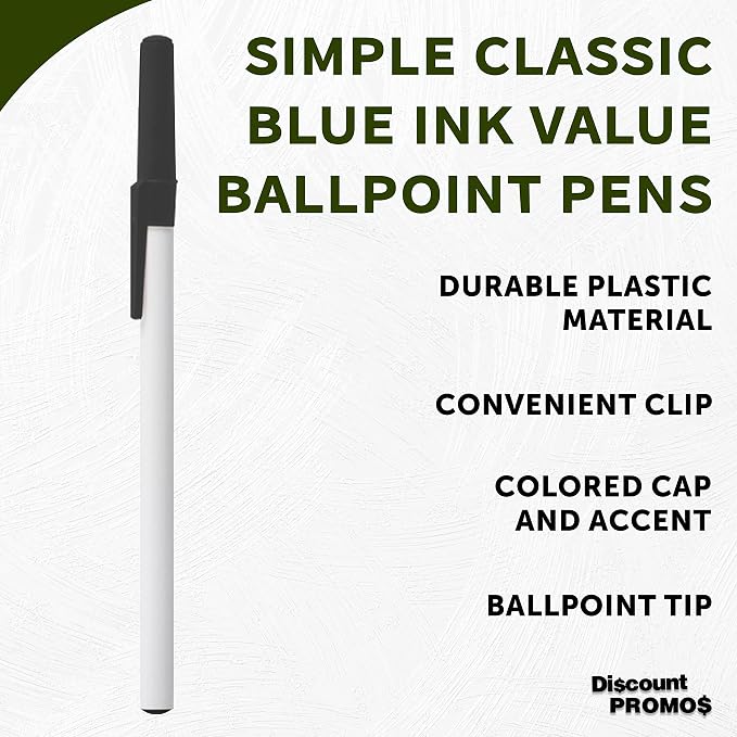 DISCOUNT PROMOS Value Stick Pens Set of 10, Bulk Pack - Blue Ink, Great for Office, School, Business, Tradeshows, Events - Black Cap