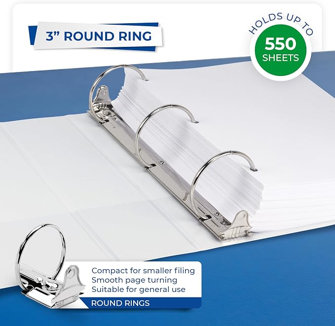 Samsill 3 Inch 3 Ring Binder, Economy Round Ring, Clear View Cover, 550 Sheet Capacity - for School, Home, Office - White