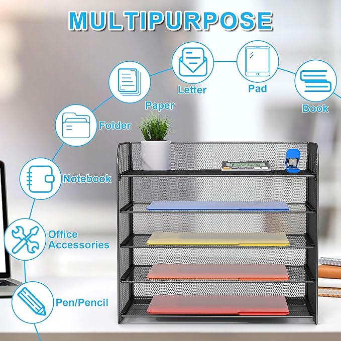 2 Pack Legal/A4/Letter Size Desk Paper Organizer Desktop File Organizer Document Sorter, 5 Tier Mesh Letter Tray File Folder Holder Office Accessories Organization