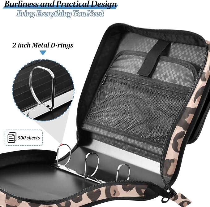 Fisyme Leopard Cheetah Print Zipper Binder 3 Ring with Zipper and Shoulder Strap Large Capacity Multi-Pocket Zipper Binder Organizer