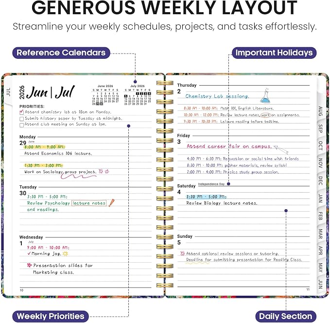 Planner 2026-2027, Monthly & Weekly Jul 2026-Jun 2027 Calendar Book | 6.3" x 8.5", Hardcover Spiral Planner with Tabs, School & Daily Pretty Agenda for Women, Students, Teachers, Lavender Dusk