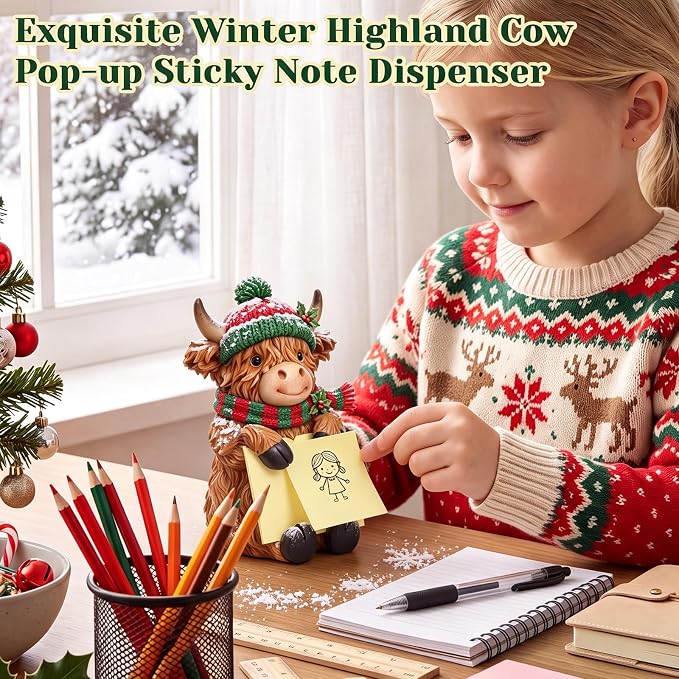 Thenshop Christmas Highland Cow Pop up Sticky Note Dispenser with 100 Sheet | Christmas Sticky Note Holder, Highland Cow Desk Accessories, Resin, Red Green Scarf Hat, Back to School Classroom, 3 x 3 Inch
