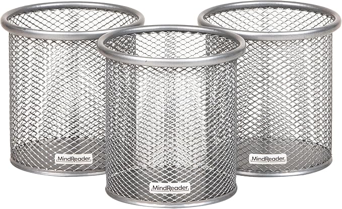 Mind Reader Pen and Accessories Holder, Desktop Organizer, Office, Metal Mesh, 3.5"L x 3.5"W x 3.75"H, Set of 3, Silver