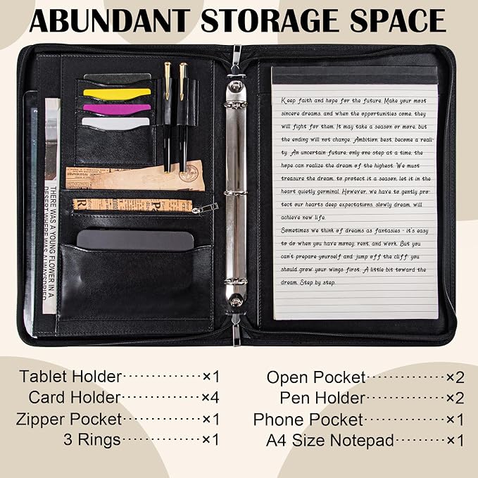 Calfinder Personalized Padfolios Portfolio Binder,3 Ring Leather Binder with Zipper,Professional Padfolios for Women&Men, Portfolio Organizer for Business,Work,School