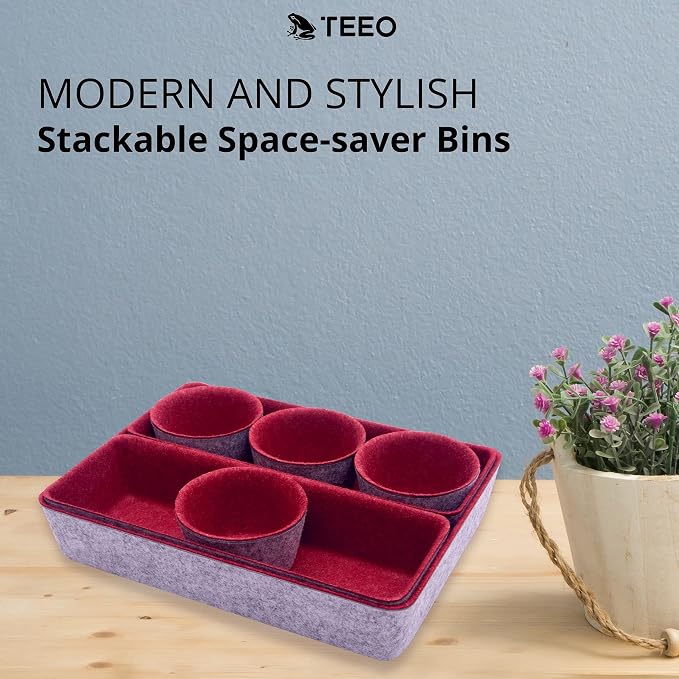 Teeo - Desk Tray Organizer - Makeup Organizer Drawers Storage - Home Office Cosmetic Bins Dividers Box Closet Compartment - Pack of 7, Burgundy