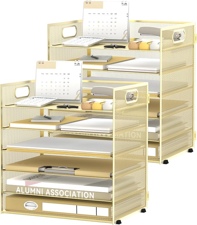 Daltack 6-Tier Paper Organizer for Desk with Handle, Gold, 2 Pack | Sturdy Metal Mesh Organizer with Movable Middle Trays and a Carry Handle for Papers, Folders and Office Supplies