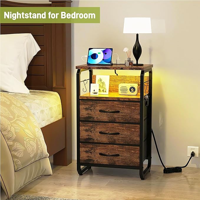 runjuly End Tables Set of 2 with Charging Station, LED Lights, Hooks, Brown | 3 Large Fabric Drawers, USB C Ports & Power Outlets, Metal Night Stand Pair, Storage Nightstand for Living Room / Bedroom